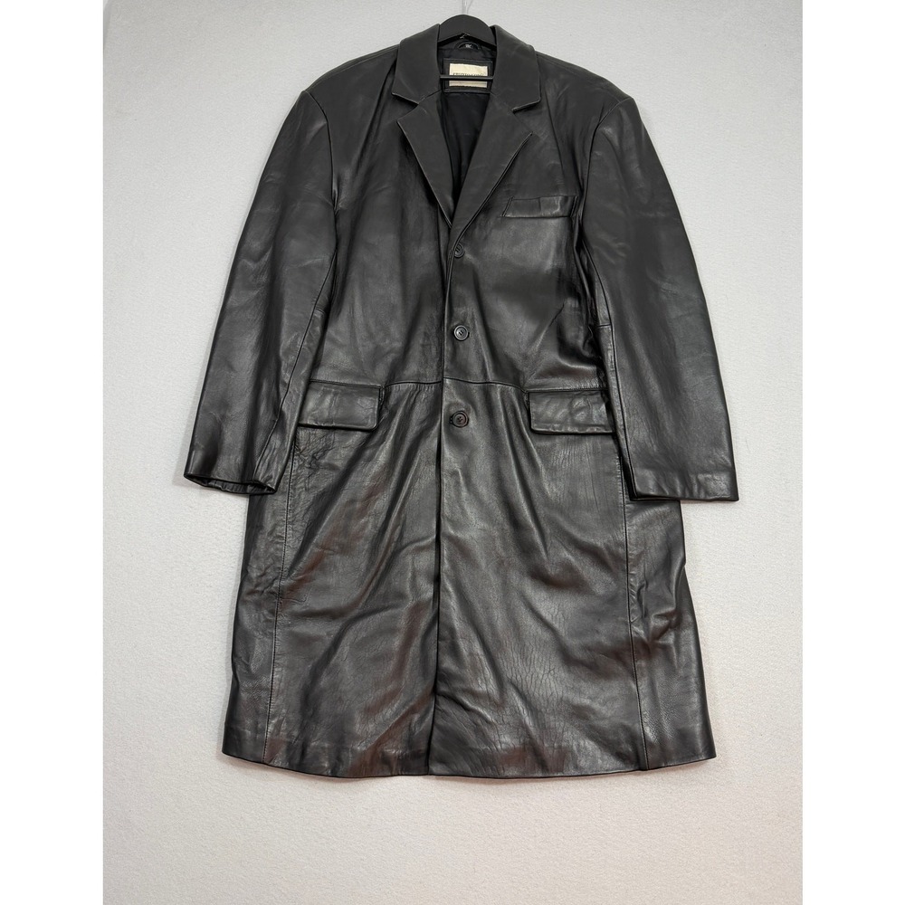 Vintage Pronto-Uomo Leather Trench Coat Men's 2XL Black Down Jacket y2k Business